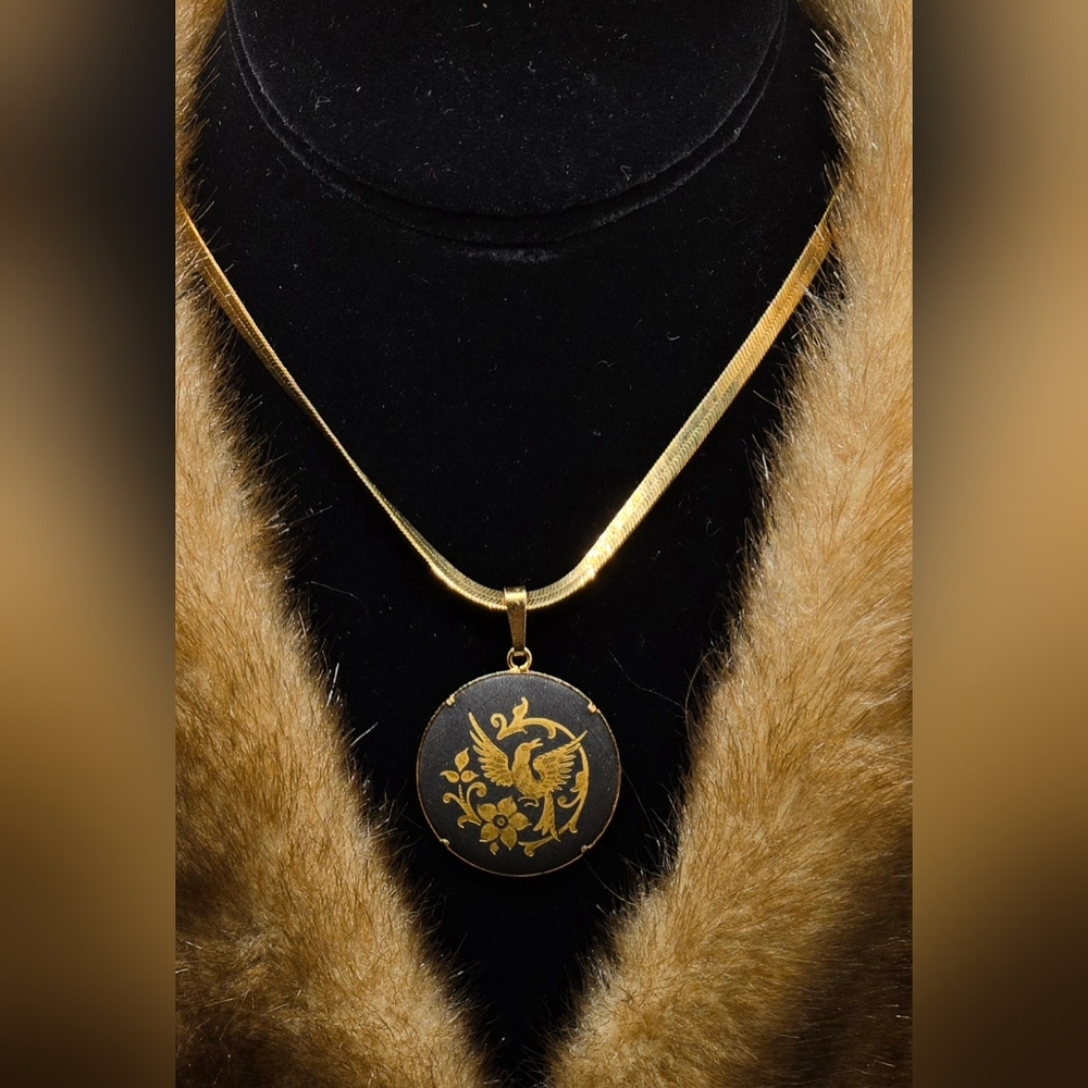 Gold Tone Necklace Damascene Toledo Bird Pendant with Floral Circle on Black